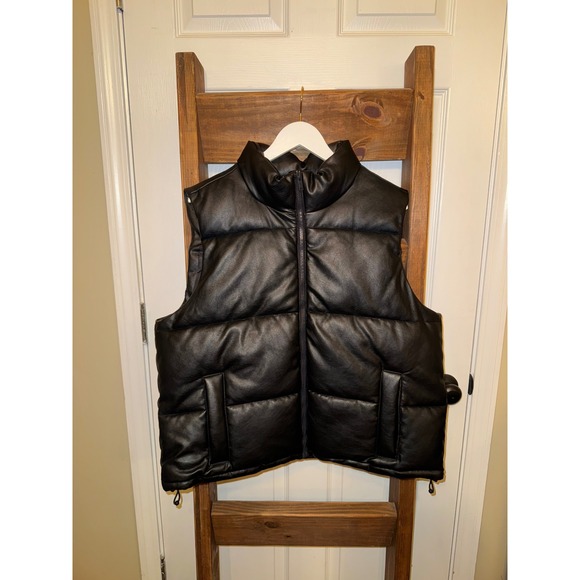 Hollister Other - Hollister Mens Puffer Vest Black Faux Leather Stand Collar Full Zip Size XL